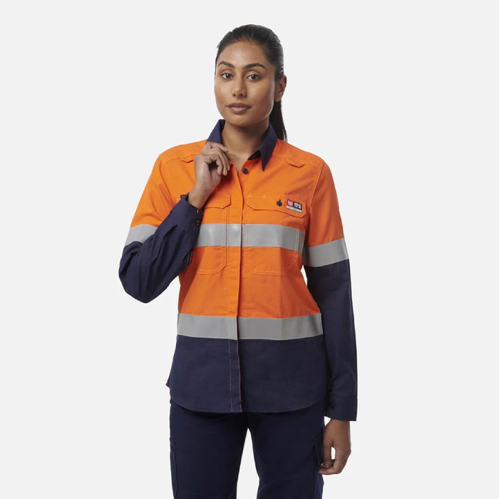 King Gee Women's Shieldtec Lenzing Flame Retardant  Hi-Vis Fire Resistant Spliced Open Front Taped Shirt