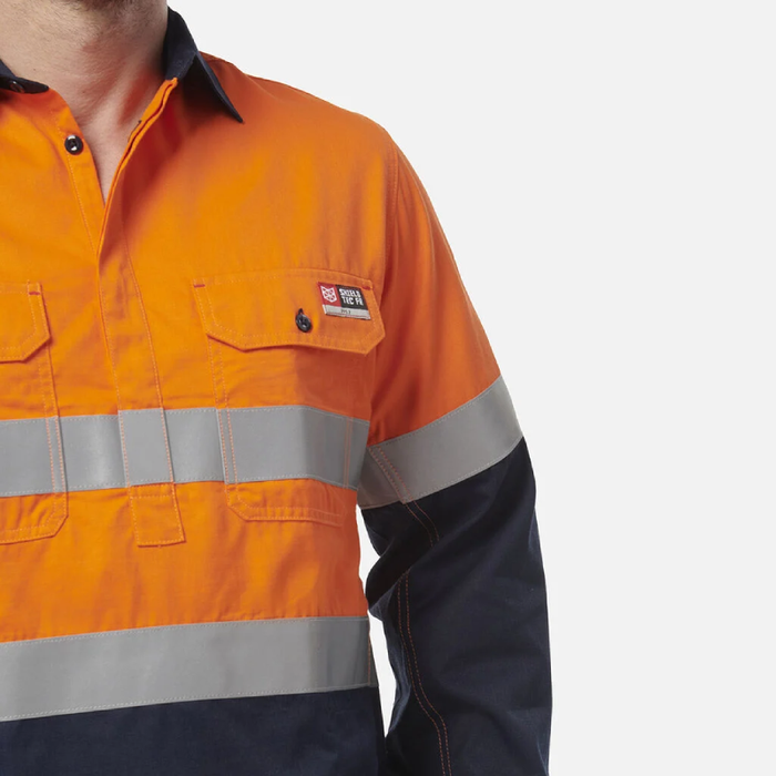 King Gee Shieldtec Flame Retardant  Hi-Visibilty Two Tone Closed Front Long Sleeve Shirt With Fr Tape Flame Resistant