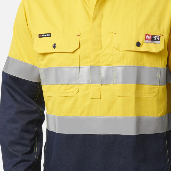 King Gee Shieldtec Flame Retardant  Hi-Visibilty Two Tone Closed Front Long Sleeve Shirt With Fr Tape Flame Resistant