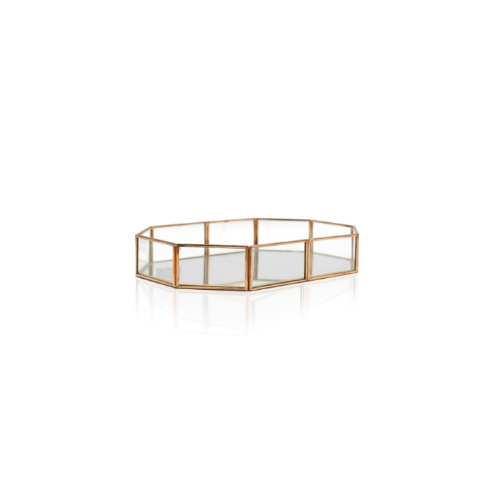 Contemporary design rose gold serving tray on a stylish coffee table