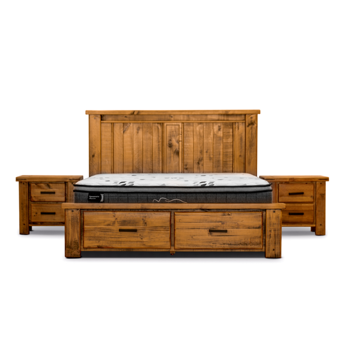 Outback Queen Bed Kit in Rustic Oak with Tallboy & Bedside Bedroom Suite - Shopica Pty Ltd