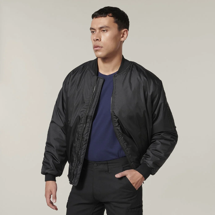 Hard Yakka Black Ribbed Waistband Bomber Jacket Tradie Work Jumper