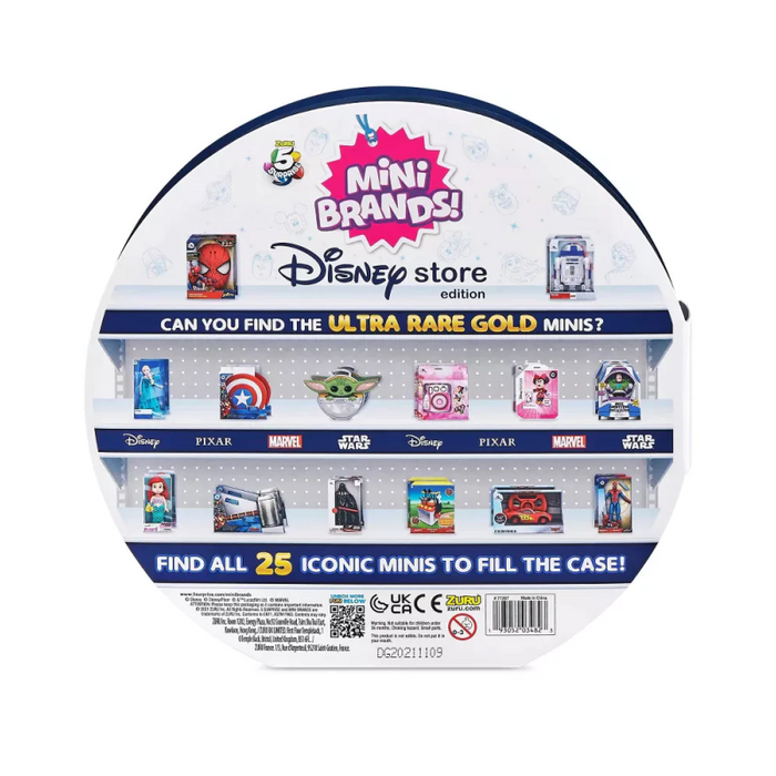 Exclusive Disney Mini Brands, including Elsa and Spiderman, displayed in the collectors' case