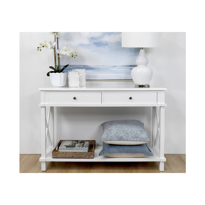 Bright and Airy Living Space Enhanced by Hampton Timeless Design White Console Table