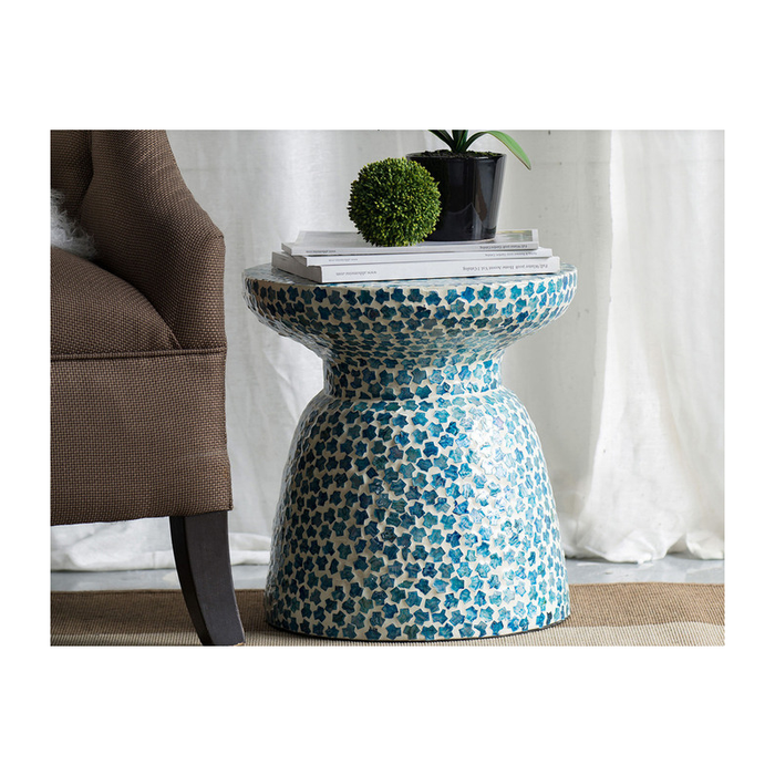 Multifunctional Sapphire Shores Mosaic Accent Stool in a captivating blue and white design.