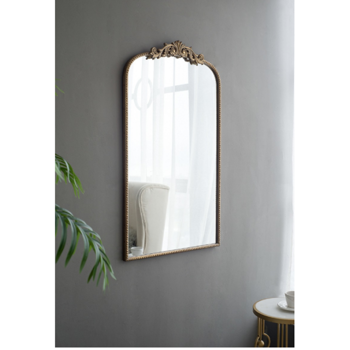 Rounded Edges Long Gold Mirror with Leaflet Scroll Dance Wall Mirror