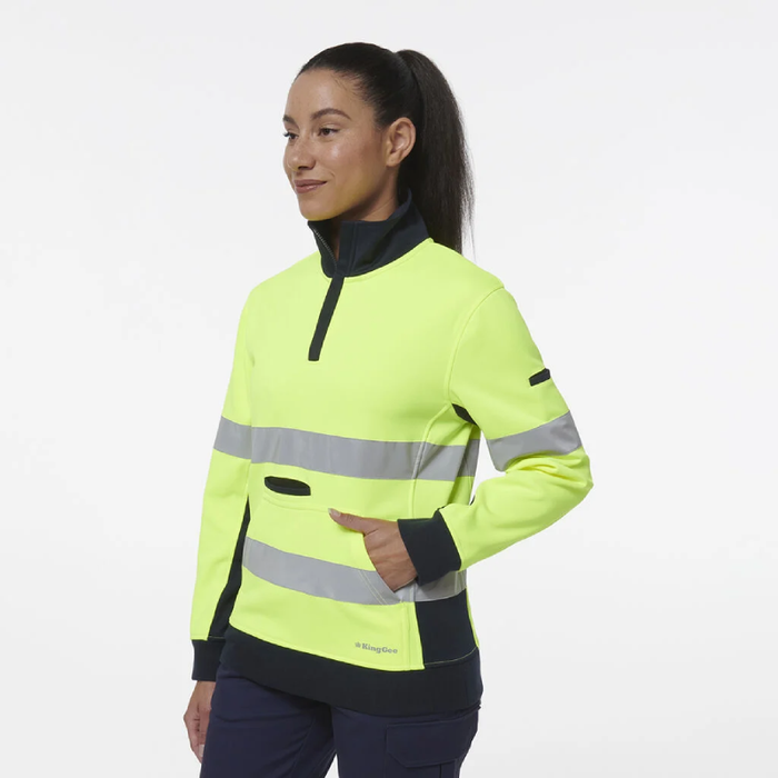 King Gee Women's Hi Vis Reflective Taped Spliced 1/4 Zip Day Night Fleece Jumper