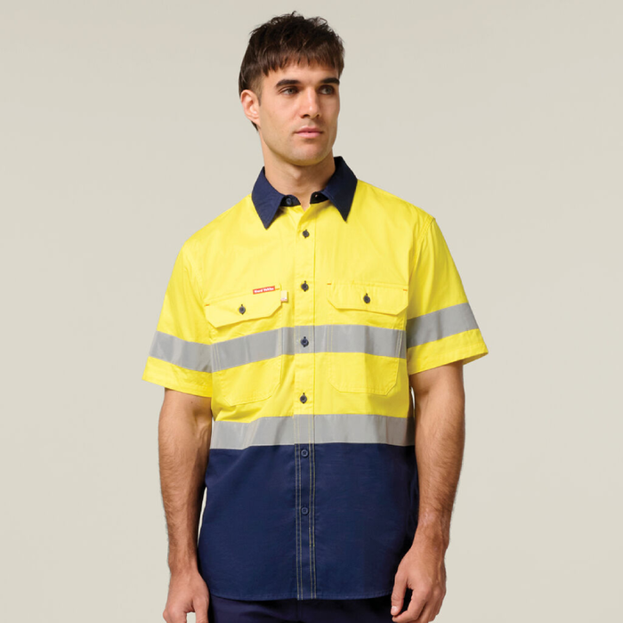 Hard Yakka Koolgear Ventilated Hi Vis Shirt With Tape 3M Taped Two Tone Short Sleeve Shirt