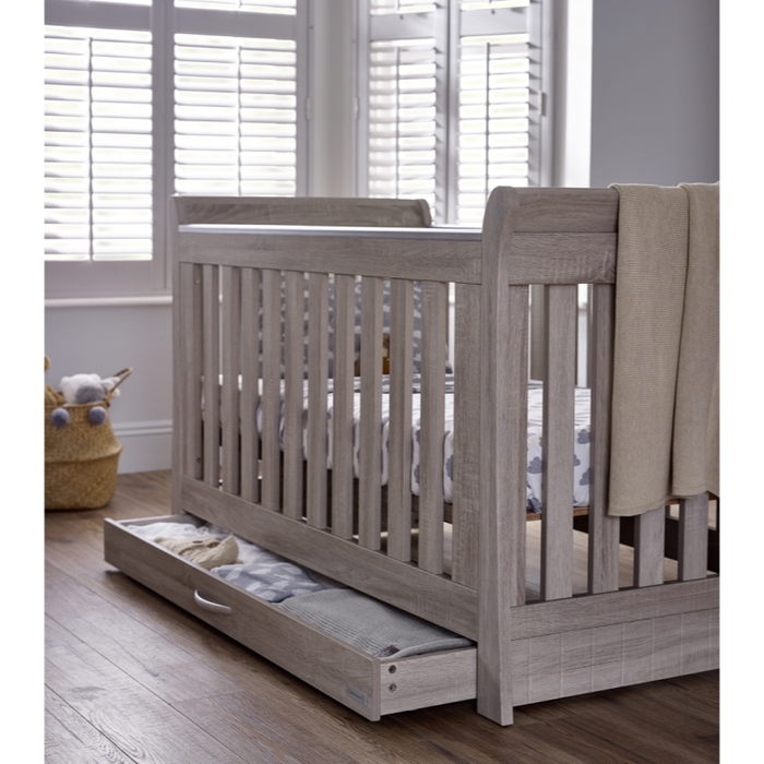 The Love N Like Noble Baby Cot in Ash, featuring adjustable mattress base and built-in teething rails