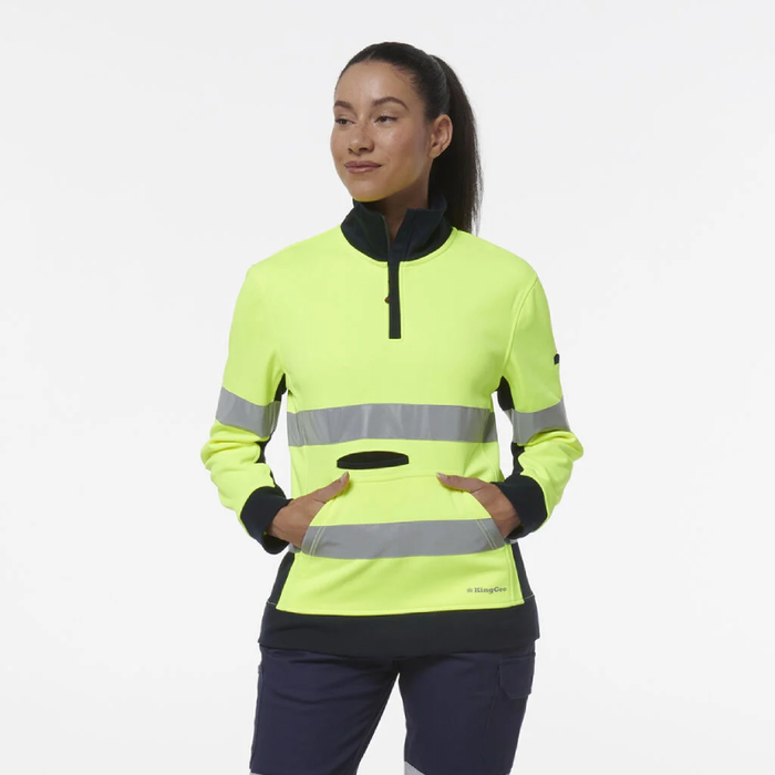 King Gee Women's Hi Vis Reflective Taped Spliced 1/4 Zip Day Night Fleece Jumper