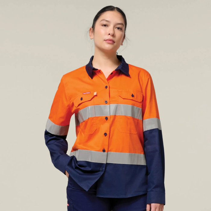 Hard Yakka Long Sleeve Hi Vis Light Weight 2 Tone Ventilated Shirt With 3M Reflective Tape