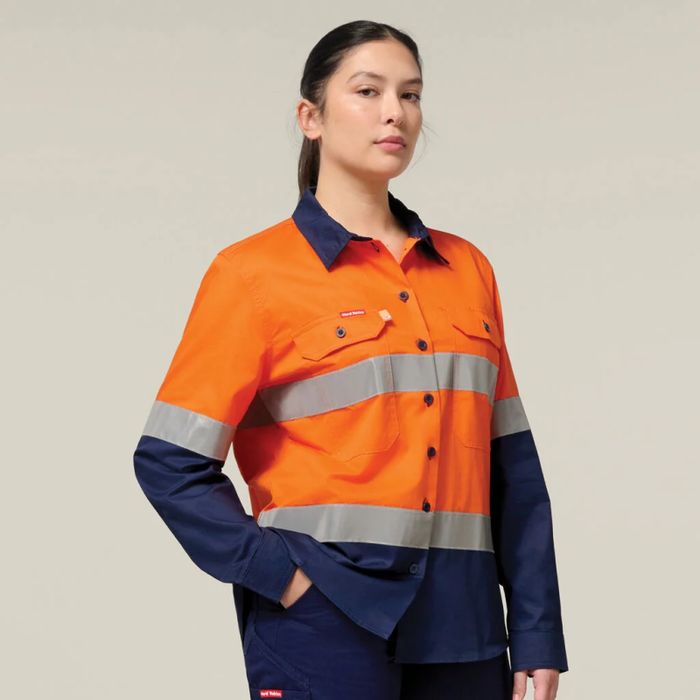 Hard Yakka Long Sleeve Hi Vis Light Weight 2 Tone Ventilated Shirt With 3M Reflective Tape