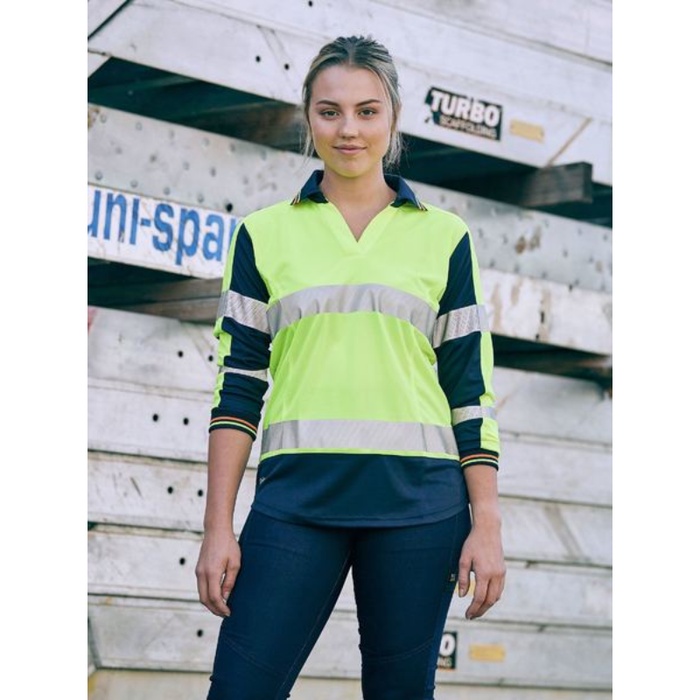 Bisley Womens Long Sleeve Taped Two Tone Hi Vis V-neck Polo