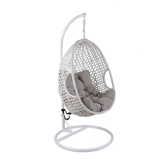 Outdoor hanging chair in white, offering both comfort and style with a 1.2mm thick steel frame and PE wicker body