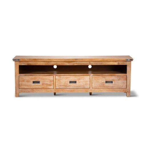 Elegant Utah Grandeur 3-Drawer TV Console in Warm Honey Wash