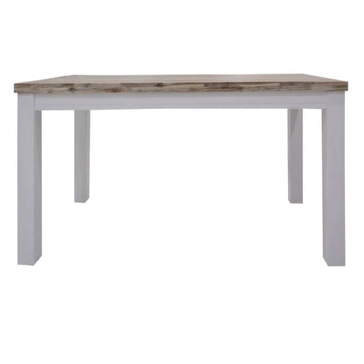 Elegant white/multi-colored acacia dining table with a unique finish, requiring minimal assembly