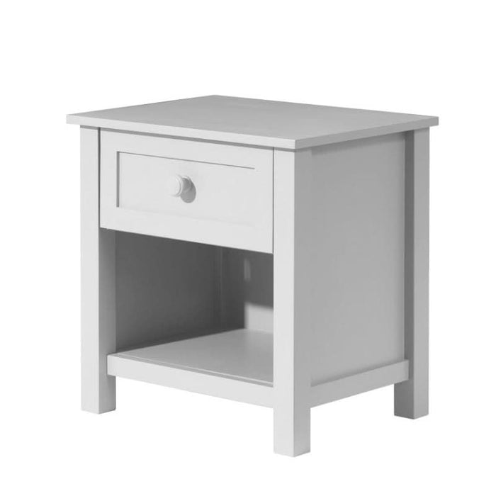 Versatile bedroom nightstand in white with panelled head and footboard detail