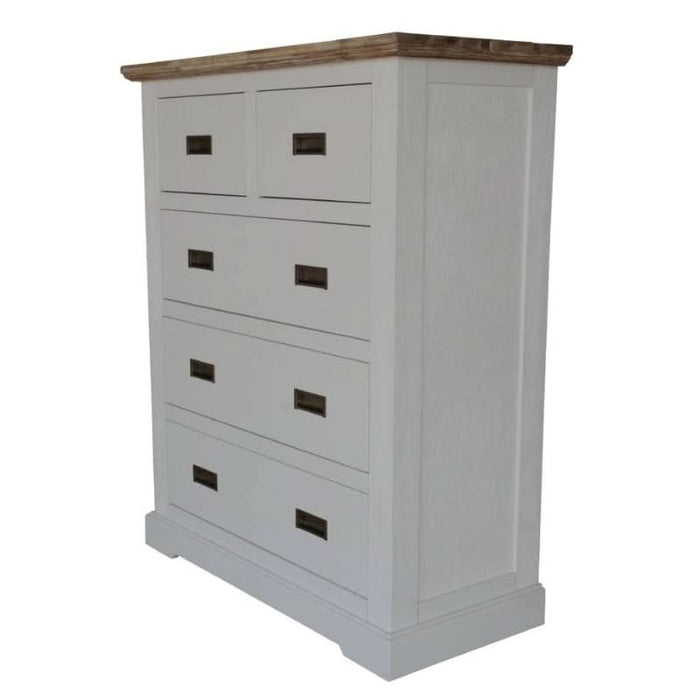 Artisanal Multi-Tone Tallboy from Folkestone, Featuring Elegant Acacia Wood and Antique Handles