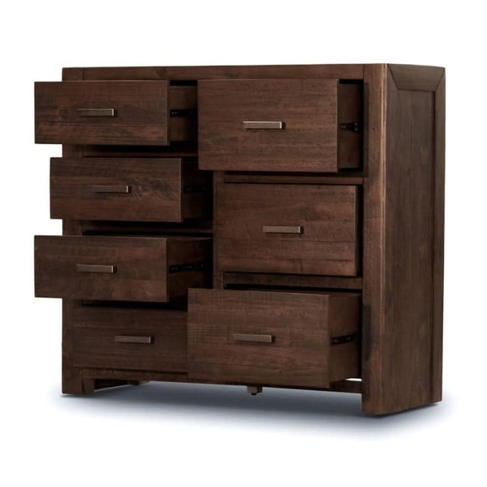 Contemporary greyish timber stain tallboy from Sedona, featuring solid pine construction with ample storage