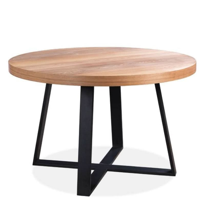 Sophisticated Natural Finish Round Table with Black Metal Legs