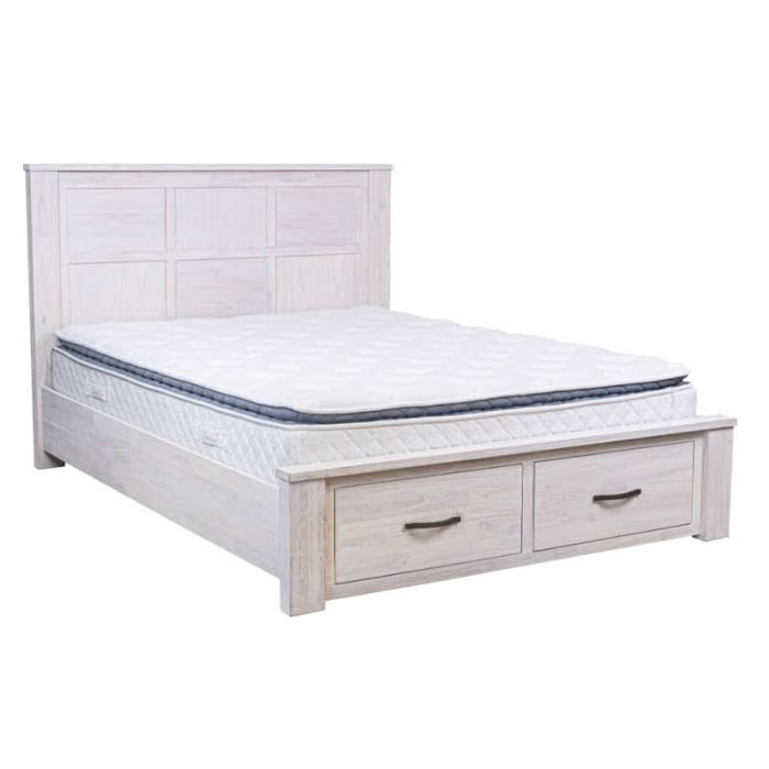 Contemporary Mountain Ash Double Bed with Storage - Coastal Brushed White Finish