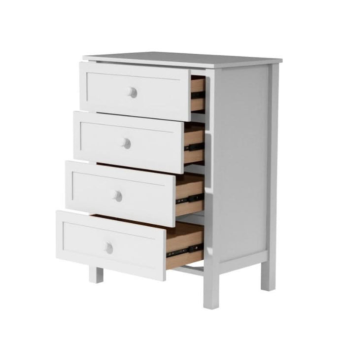 Contemporary Jesse white tallboy with four spacious drawers and timber handles