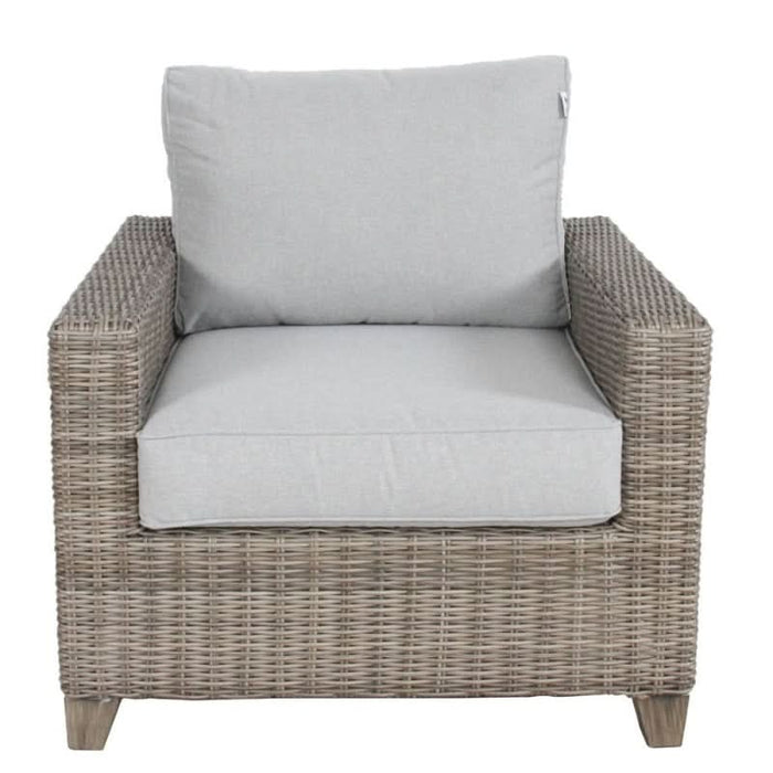 Luxurious Brown Wicker Single Sofa with Light Grey Cushions and UV Protection