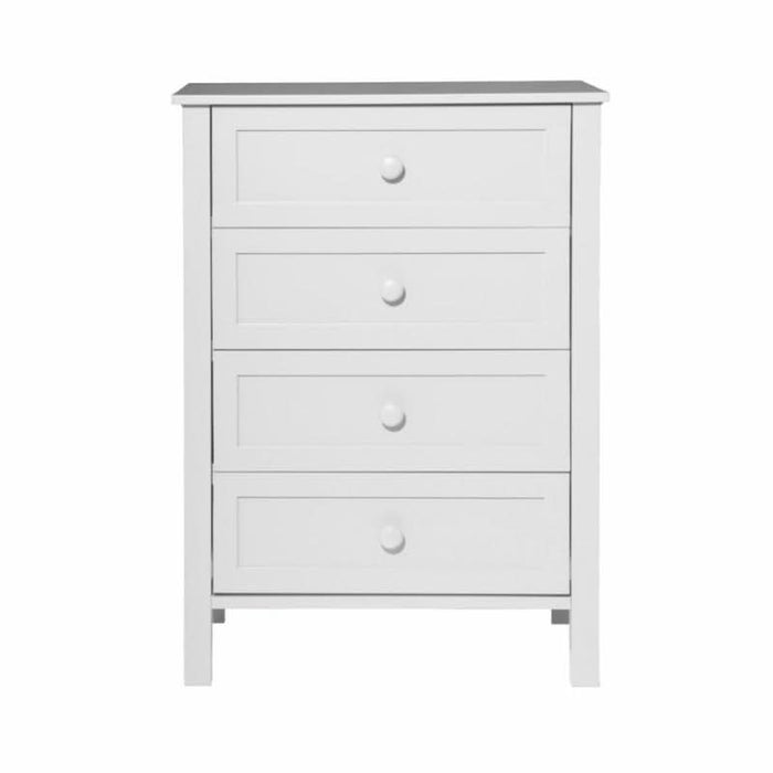 Elegant white Jesse 4-drawer tallboy with panelled facade design