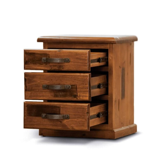 Classic Solid Pine Jamaica Bedside Table with Three Drawers and Brownwood Finish