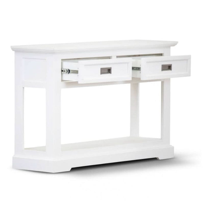 Sturdy Acacia Wood Coastal-Inspired White Console Table with Storage Drawers