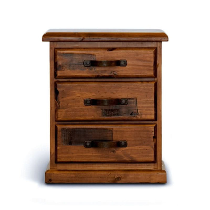 Elegant Jamaica Brownwood Bedside Table with Three Drawers in Timeless Pine Design