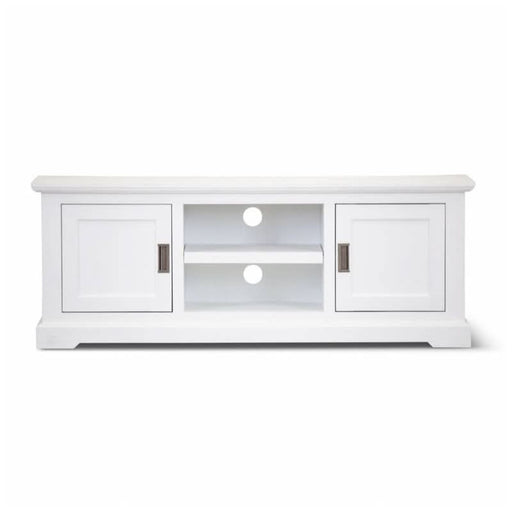 Contemporary White Coastal TV Stand Featuring Ample Organizational Space