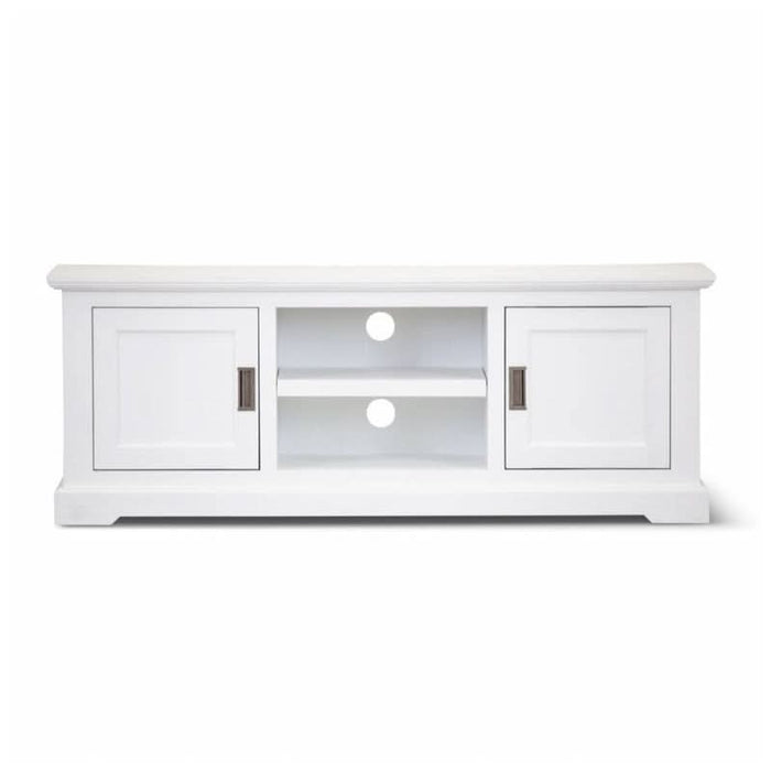 Contemporary White Coastal TV Stand Featuring Ample Organizational Space