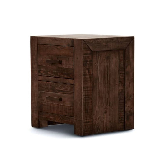 Contemporary Sedona two-drawer bedside table in unique grey stone, crafted from recycled pine.