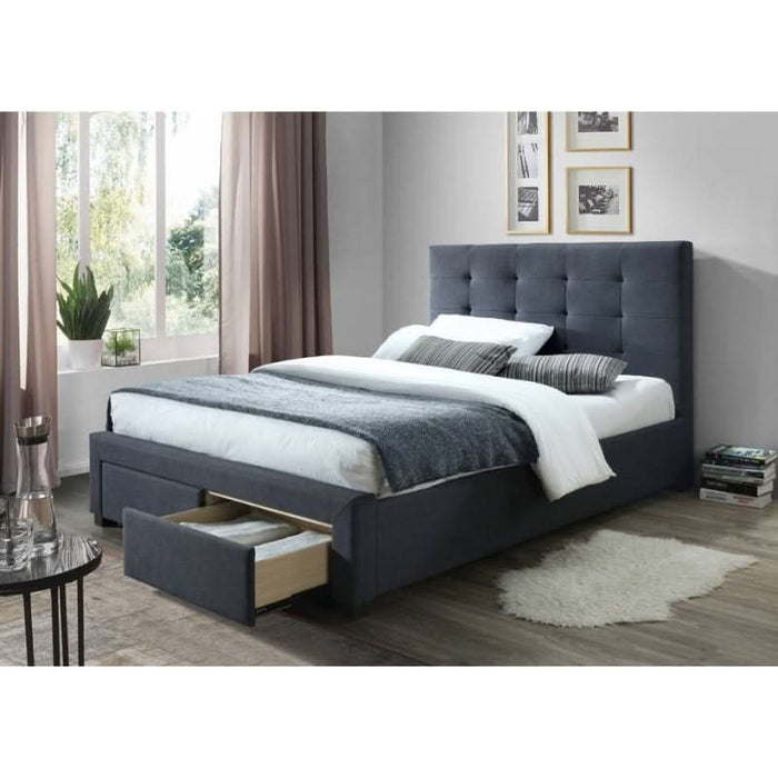 Elegant Grey Queen Bed with Tufted Headboard and Storage Drawers