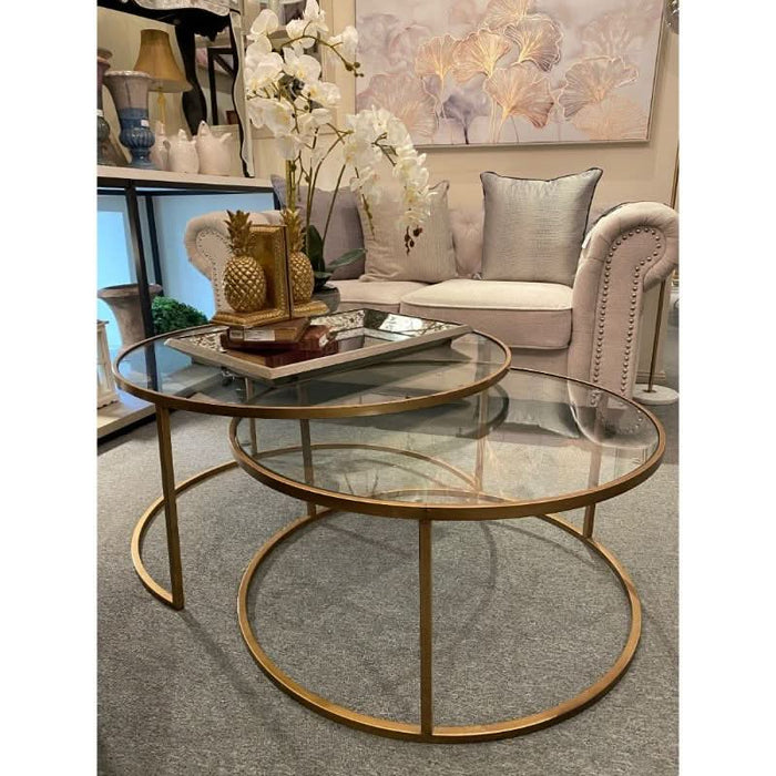 Set of 2 Round Coffee Tables - Gold Frame with Clear Glass Tops