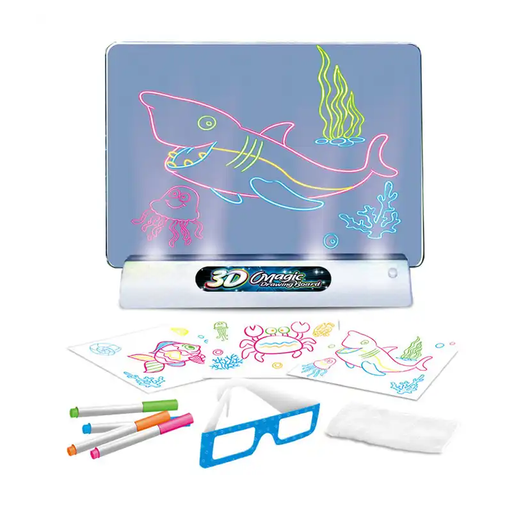 Child wearing 3D specs, drawing on the Galactic Sketcher with fluorescent markers