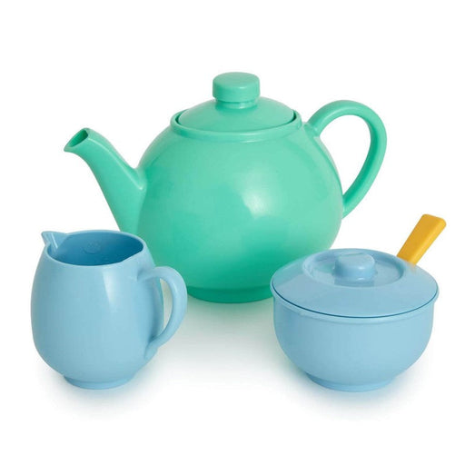 Detail of the playful pastel-coloured teapot and accessories from the Casdon Kids Tea Set."