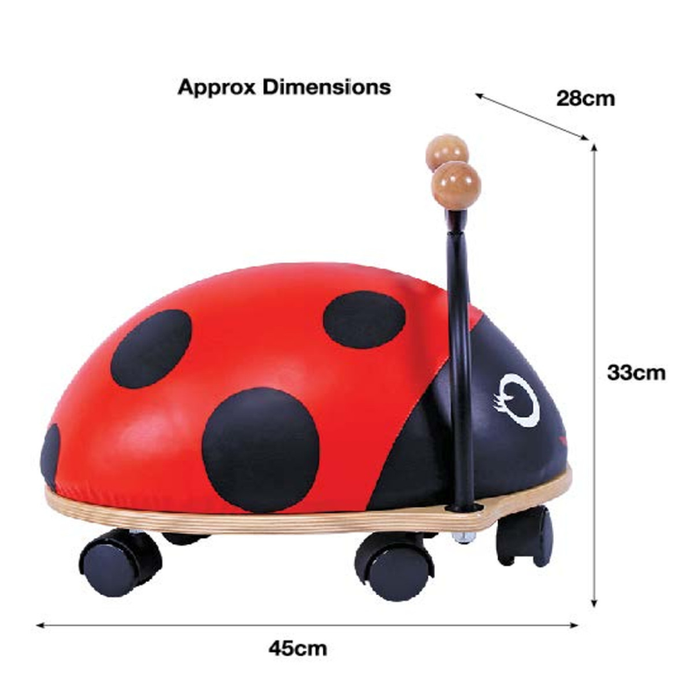 Close-up of the Ladybug Whirl Ride On showcasing its vibrant colours, soft seat, and sturdy wooden base