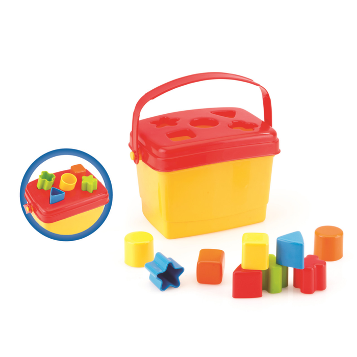 Joyful toddler playing with Dolu's colourful shape sorter bucket, a journey of colours and shapes