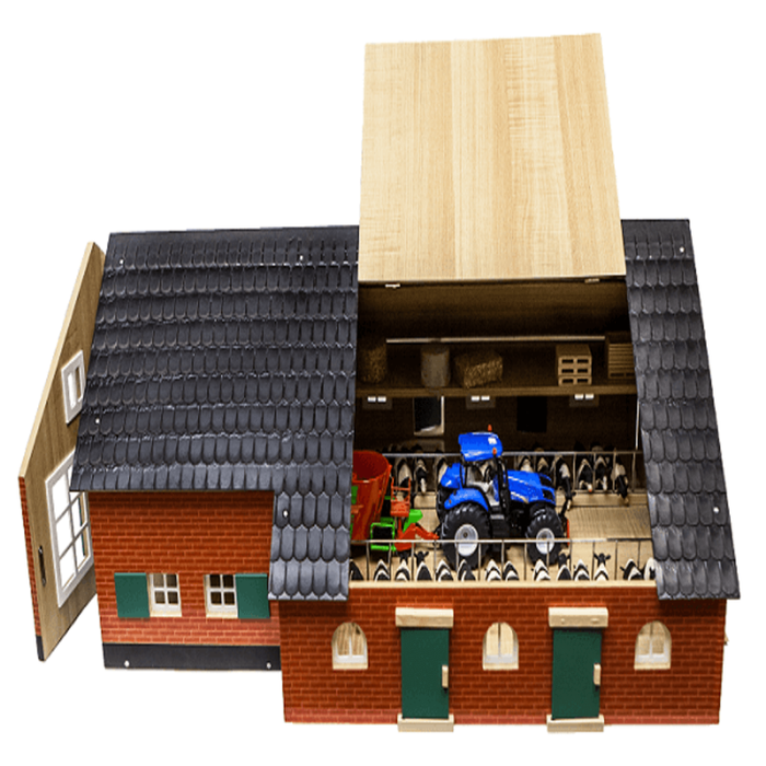I view of the Toy Wooden Farm House, showcasing the detailed stairs and sliding nteriordoors