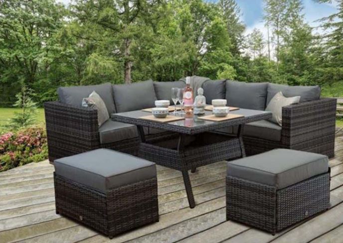 The full ensemble of the Dining Set with Ottomans, a testament to modern outdoor luxury.