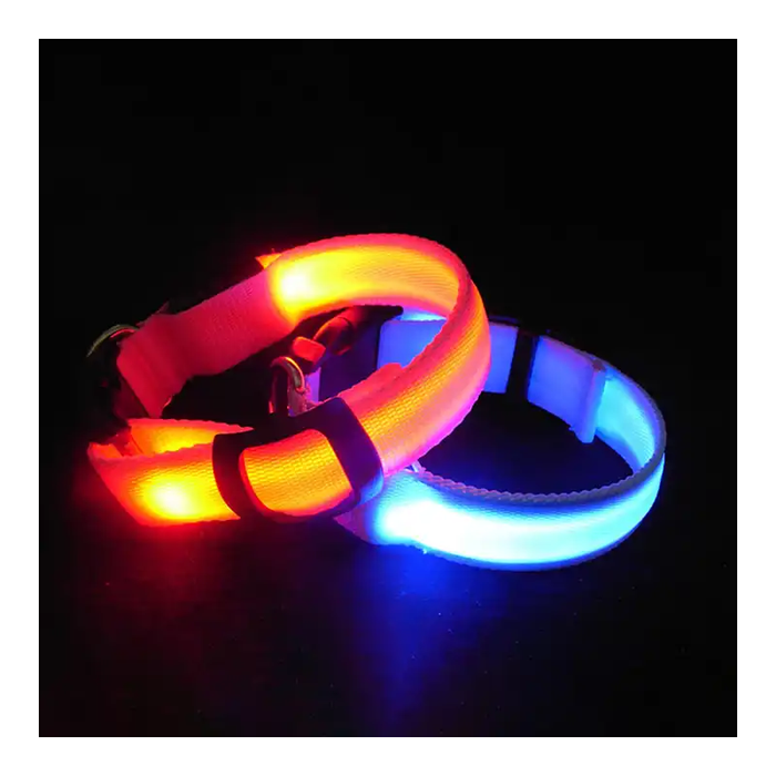 Glowing LED dog collar illuminating night walks in vibrant colours.