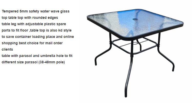 Elegant glass-top table from our outdoor dining ensemble, built for durability and style